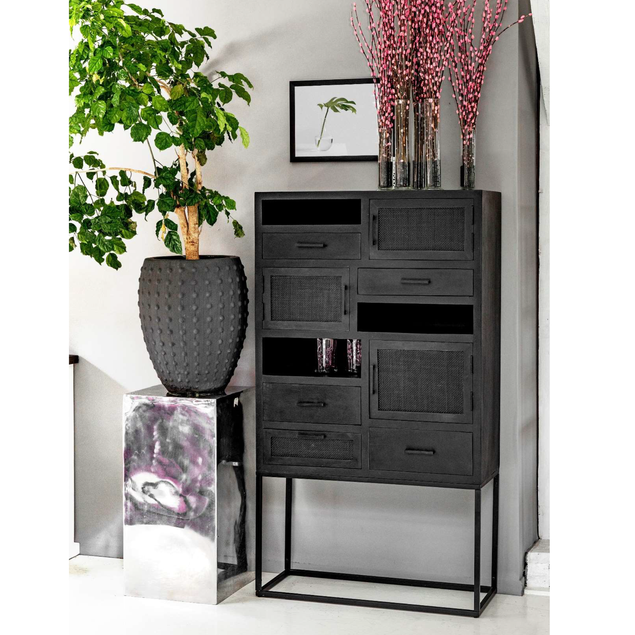 Gutmann Highboard Balsas Schwarz mit Rattangeflecht - modernes Wohnzimmermöbel mit Stauraum und Design