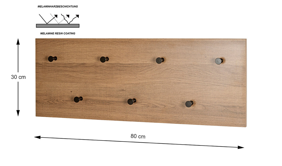 HAKU Möbel Wandgarderobe aus MDF kratzbeständig in Braun 80 x 5 x 30 cm in Eiche, Schwarz