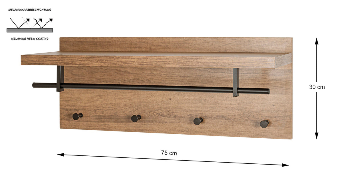 HAKU Möbel Wandgarderobe aus MDF kratzbeständig in Braun 75 x 26 x 30 cm in Eiche, Schwarz