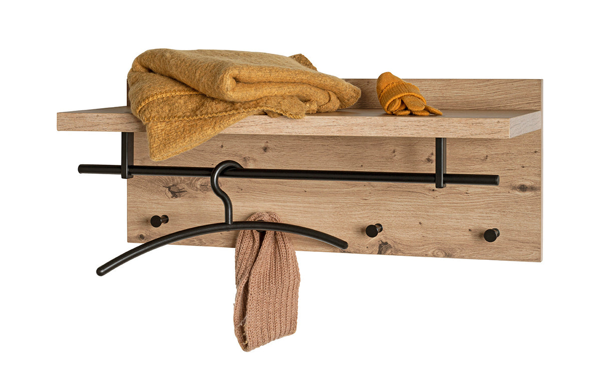HAKU Möbel Wandgarderobe aus MDF kratzbeständig in Braun 75 x 26 x 30 cm in Eiche, Schwarz (Eiche hell)