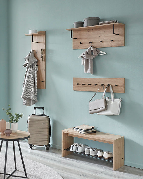HAKU Möbel Wandgarderobe aus MDF kratzbeständig in Braun 80 x 20 x 30 cm in Eiche, Schwarz (Eiche hell)