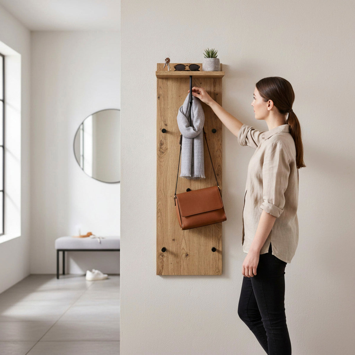 HAKU Möbel Wandgarderobe aus MDF kratzbeständig in Braun 30 x 20 x 100 cm in Eiche, Schwarz (Eiche hell)