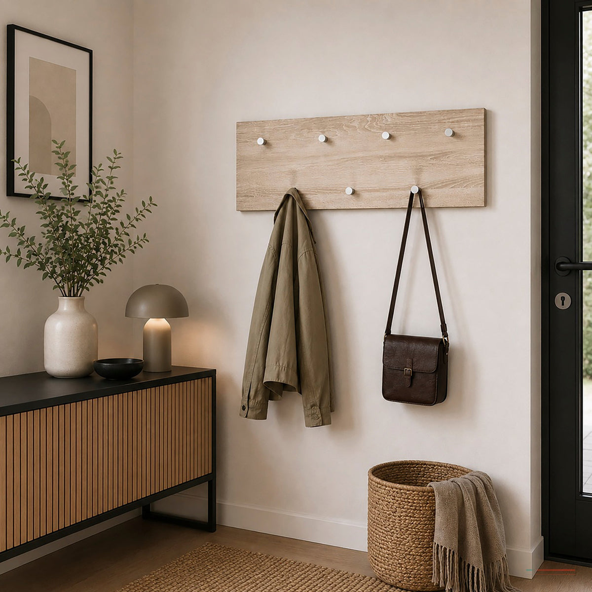 HAKU Möbel Wandgarderobe aus MDF 80 x 6 x 30 cm in Chrom, Eiche hell