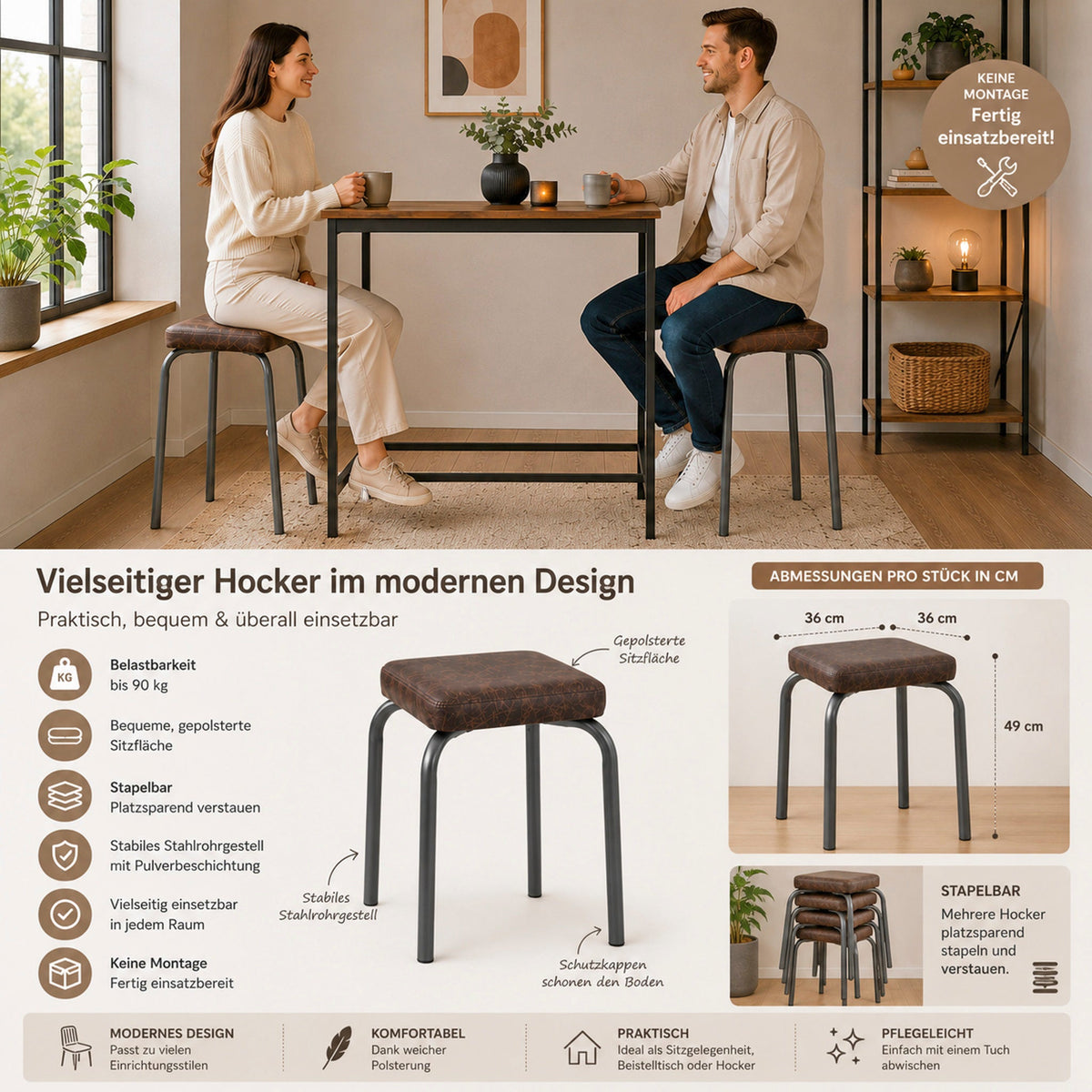 HAKU Möbel Stapelhocker aus Textil gepolstert 34 x 34 x 49 cm in Braun, Gunmetal
