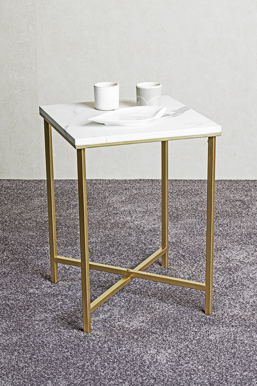 HAKU Möbel Beistelltisch aus Metall X-Gestell 39 x 39 x 55 cm in Gold, Marmoroptik