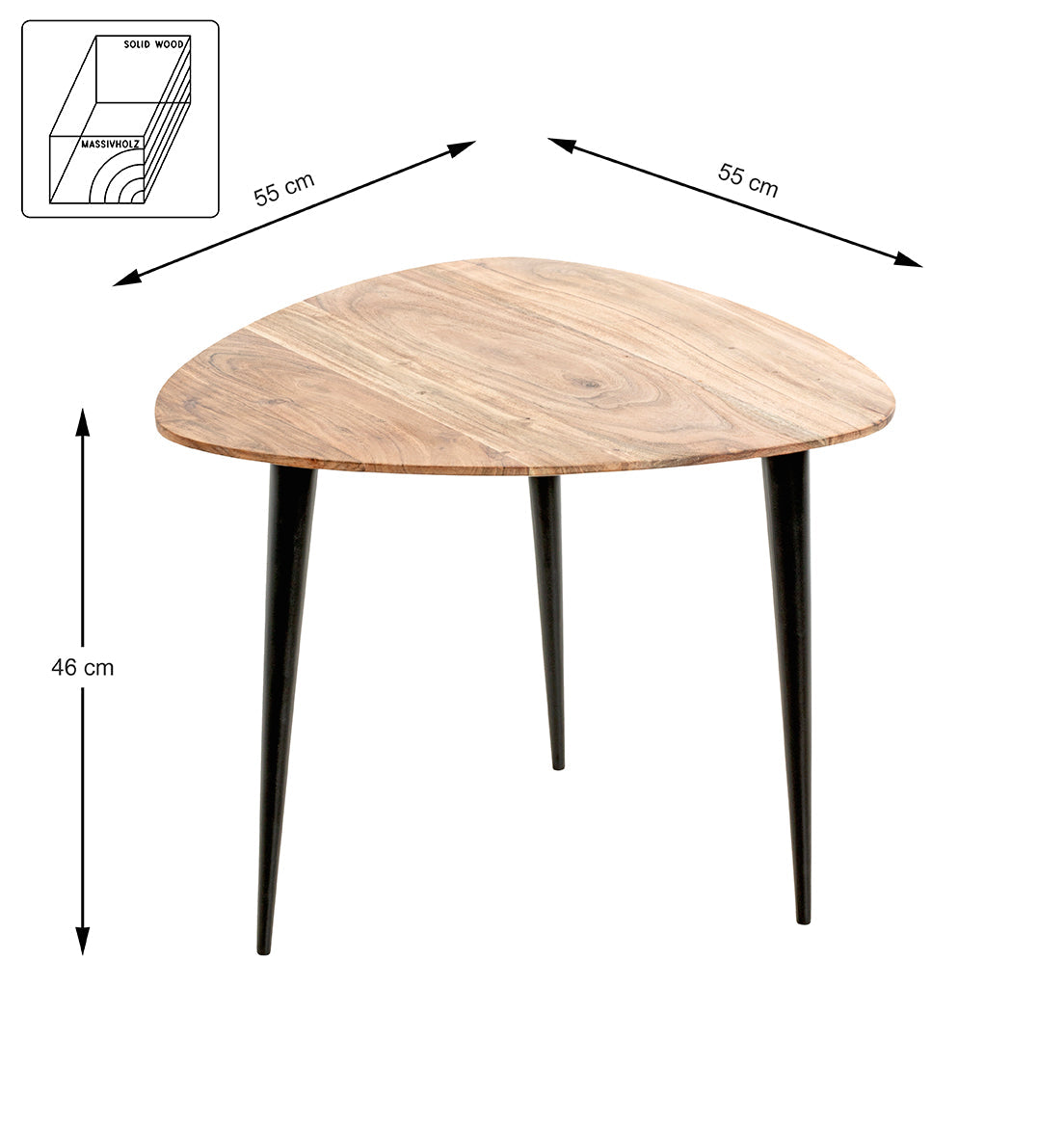 HAKU Möbel Beistelltisch aus Massivholz Schweizer Kante in Braun B 46-55 cm H 41-46 cm, 55 x 55 cm, H 46 cm