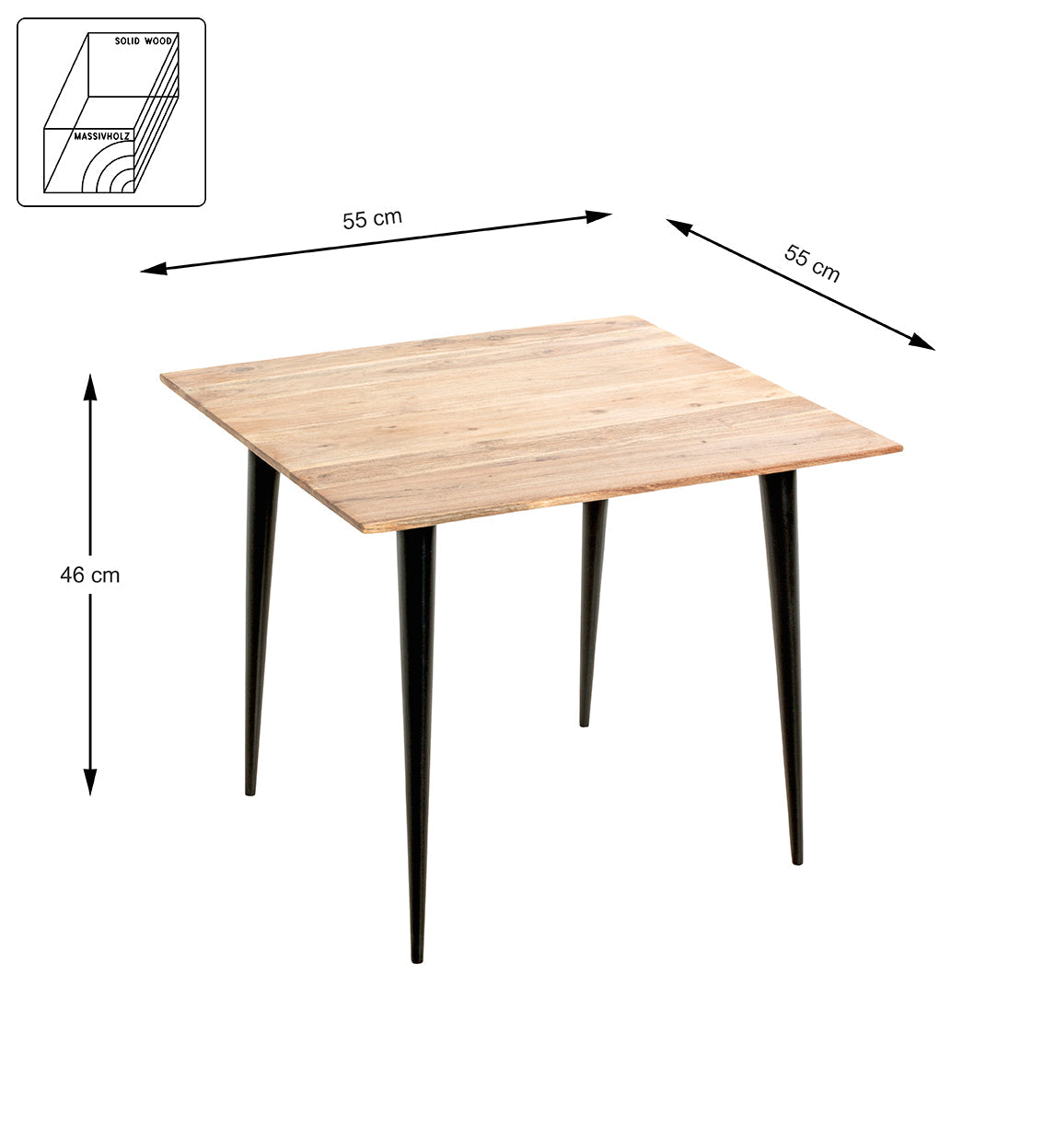 HAKU Möbel Beistelltisch aus Massivholz Schweizer Kante in Braun B 46-55 cm H 41-46 cm, 55 x 55 cm, H 46 cm