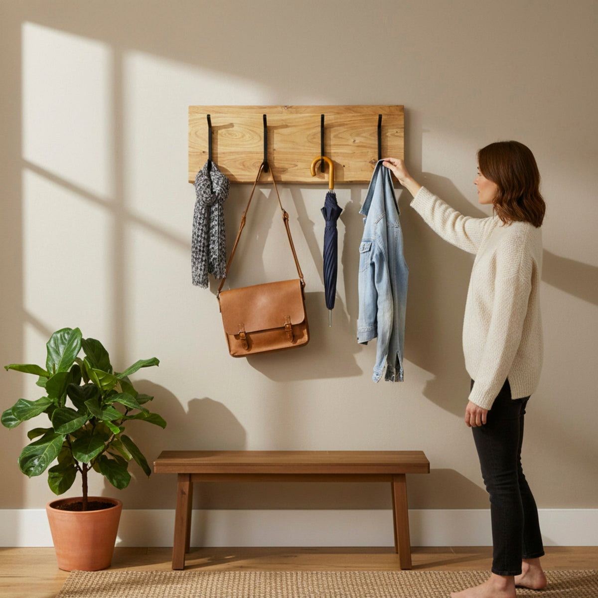 HAKU Möbel Wandgarderobe aus Massivholz Baumkante in Braun B 90 cm H 15-36 cm, 90 x 12 cm, H 36 cm