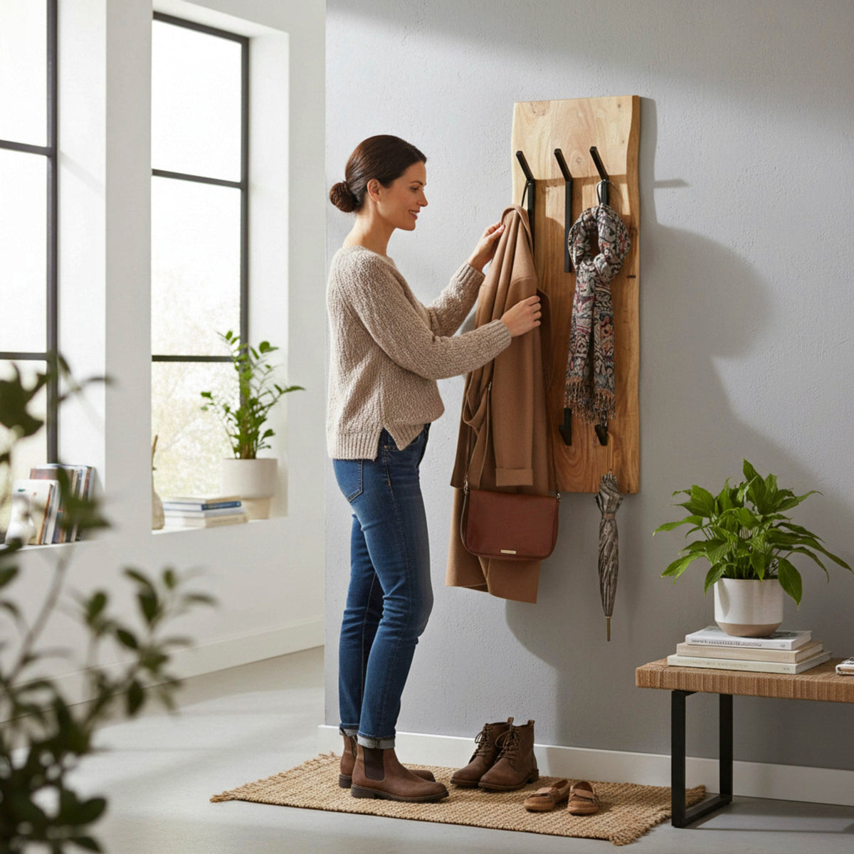 HAKU Möbel Wandgarderobe aus Massivholz Baumkante in Braun 36 x 12 x 100 cm