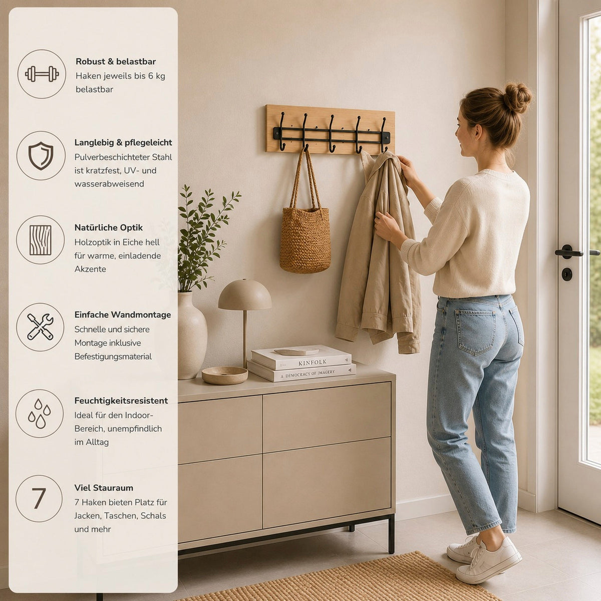HAKU Möbel Wandgarderobe aus MDF kratzbeständig in Braun 60 x 10 x 20 cm