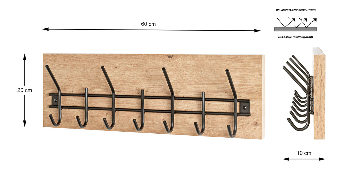 HAKU Möbel Wandgarderobe aus MDF kratzbeständig in Braun 60 x 10 x 20 cm
