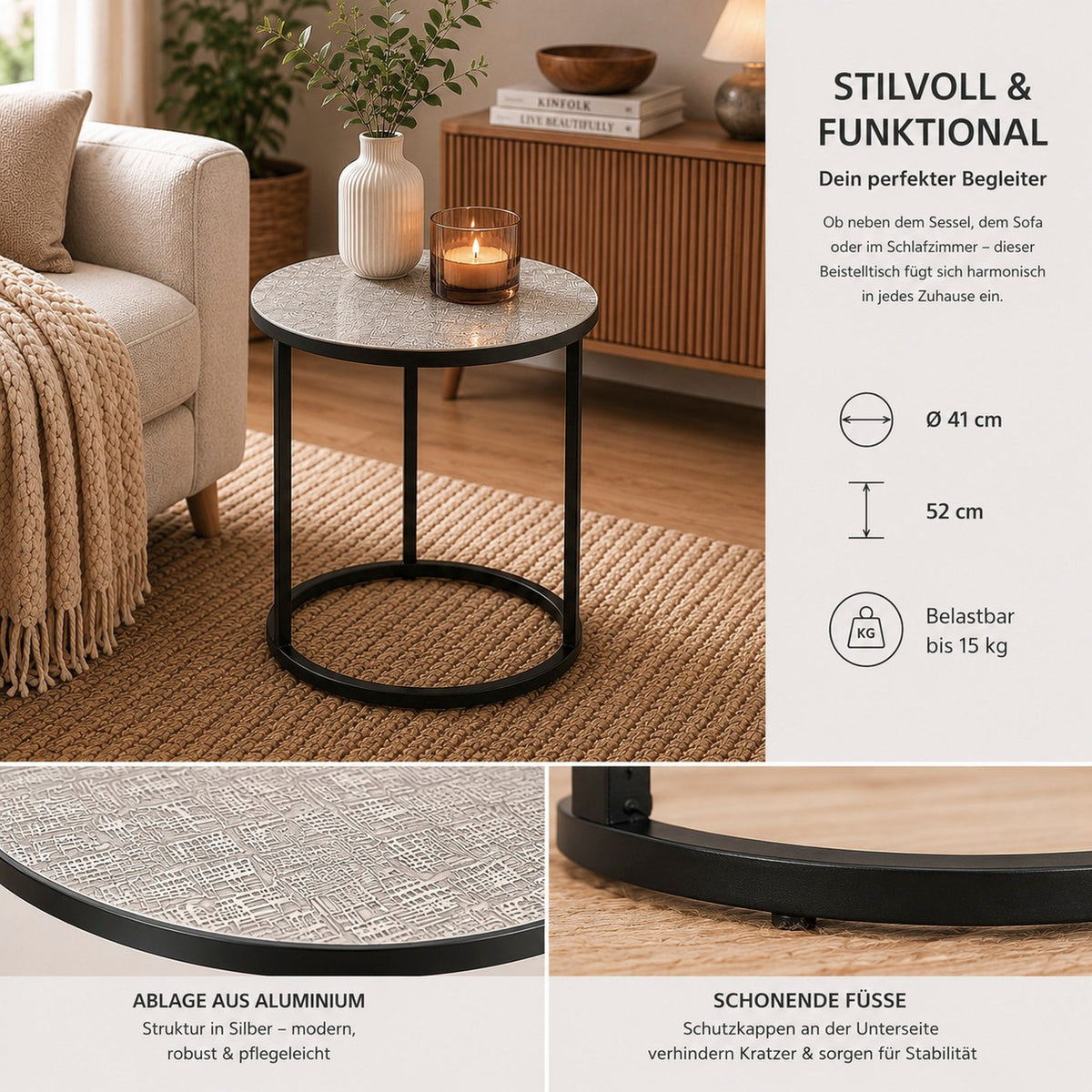 HAKU Möbel Beistelltisch aus Metall in Silber H 52-60 cm Ø 41-46 cm, Ø 41 cm, H 52 cm