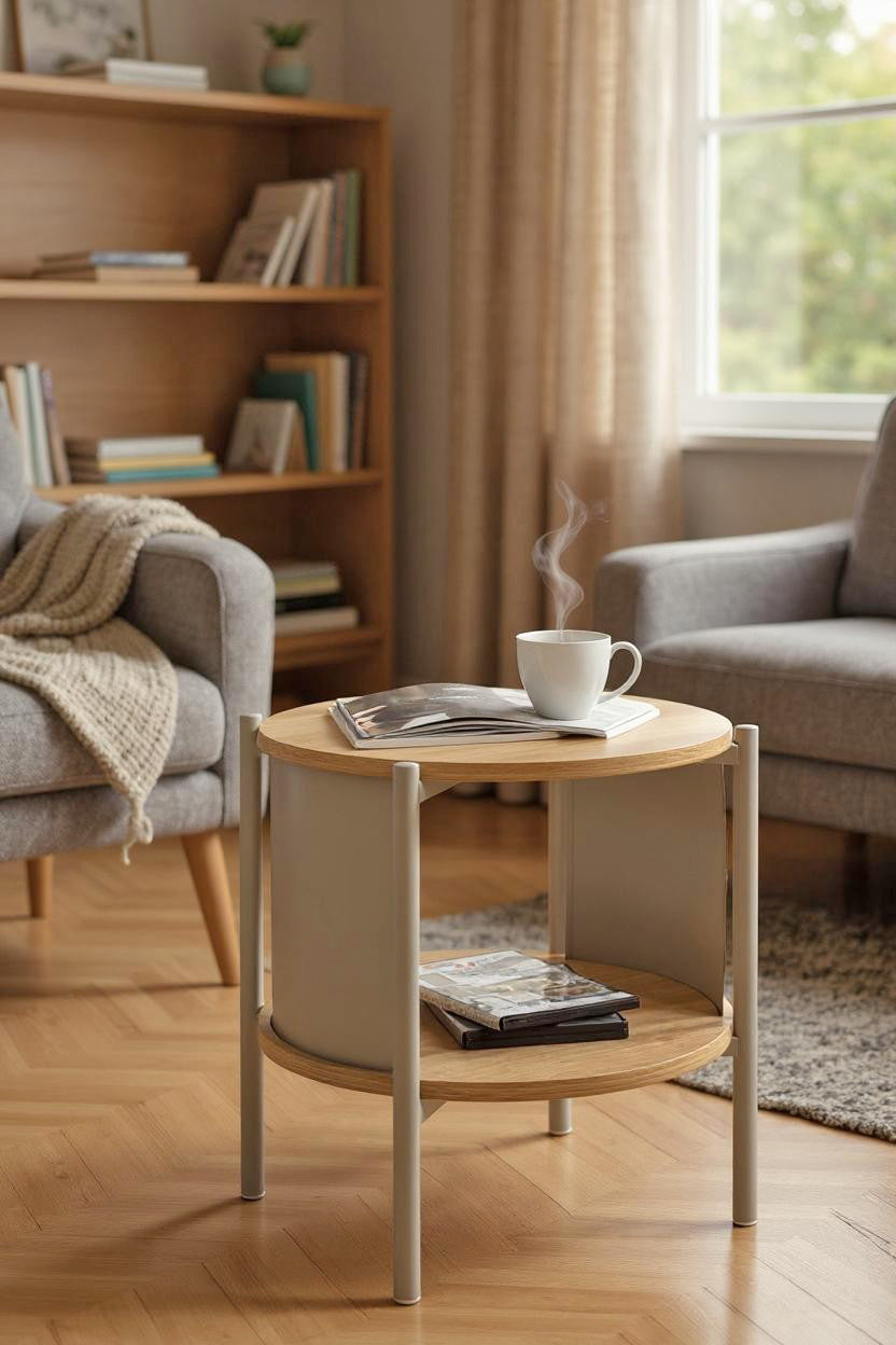 HAKU Möbel Beistelltisch aus MDF kratzbeständig in Braun H 44-60 cm Ø 44 cm, Ø 44 cm, H 44 cm in Eiche, Grau (Eiche natur, Kaschmirgrau)