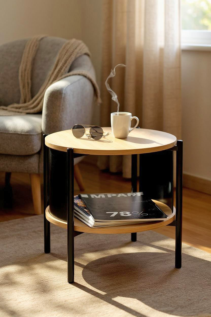 HAKU Möbel Beistelltisch aus MDF kratzbeständig in Braun H 44-60 cm Ø 44 cm, Ø 44 cm, H 44 cm in Eiche, Schwarz (Eiche natur)