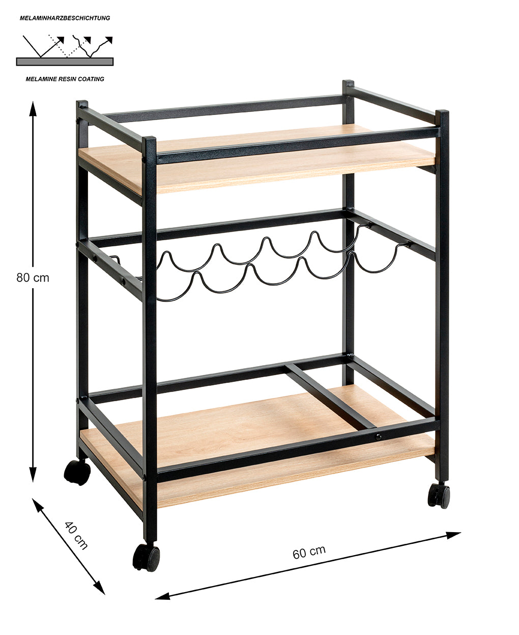 HAKU Möbel Servierwagen aus MDF kratzbeständig in Braun 60 x 40 x 80 cm in Eiche, Schwarz (Eiche natur)