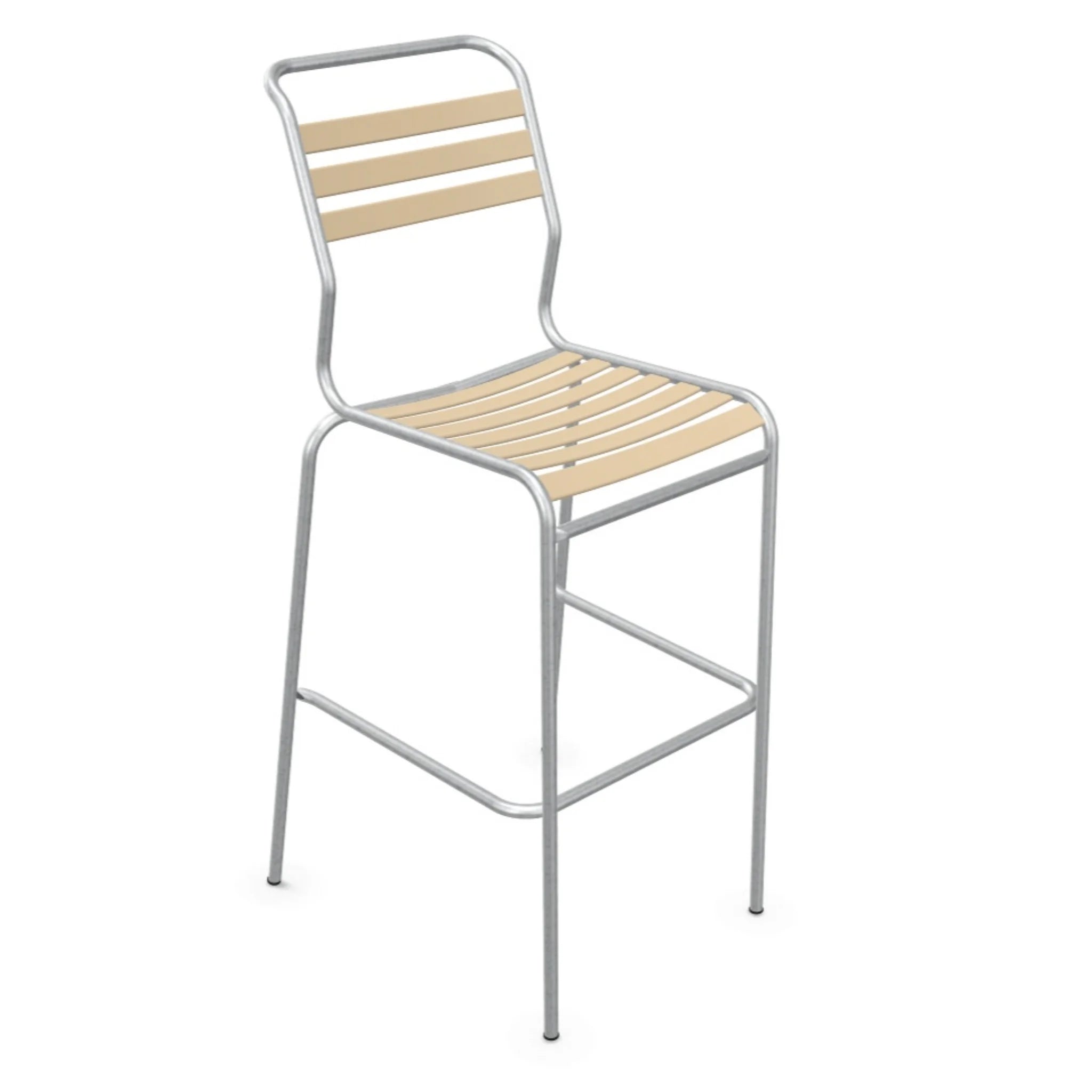 Lättli Barhocker Säntis in Pastellbraun mit Aluminium-Gestell und Holzlamellen, moderner Barstuhl.