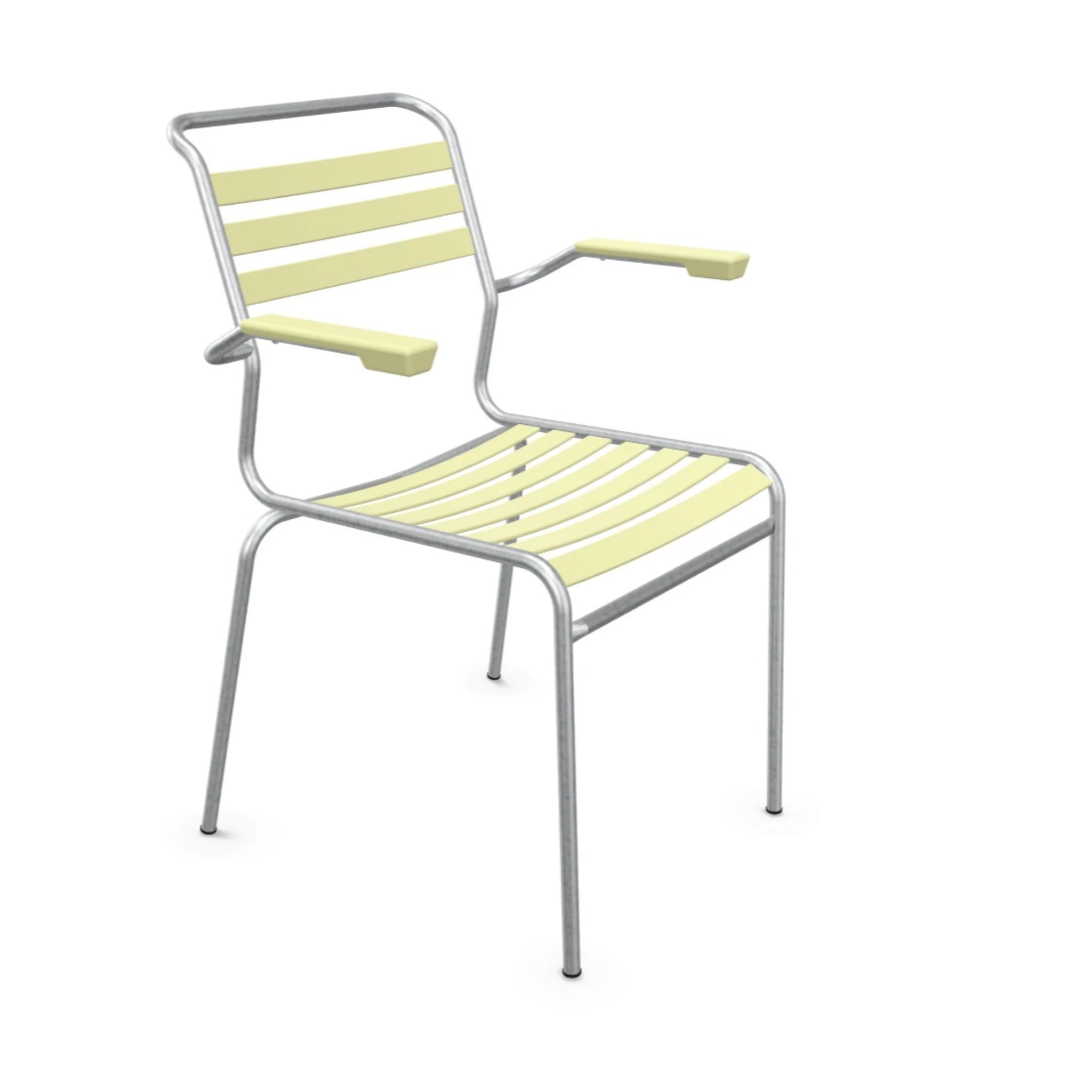 Schaffner Säntisstühle mit Armlehne in Buchsgelb - moderne Lattenstühle für Garten und Terrasse.