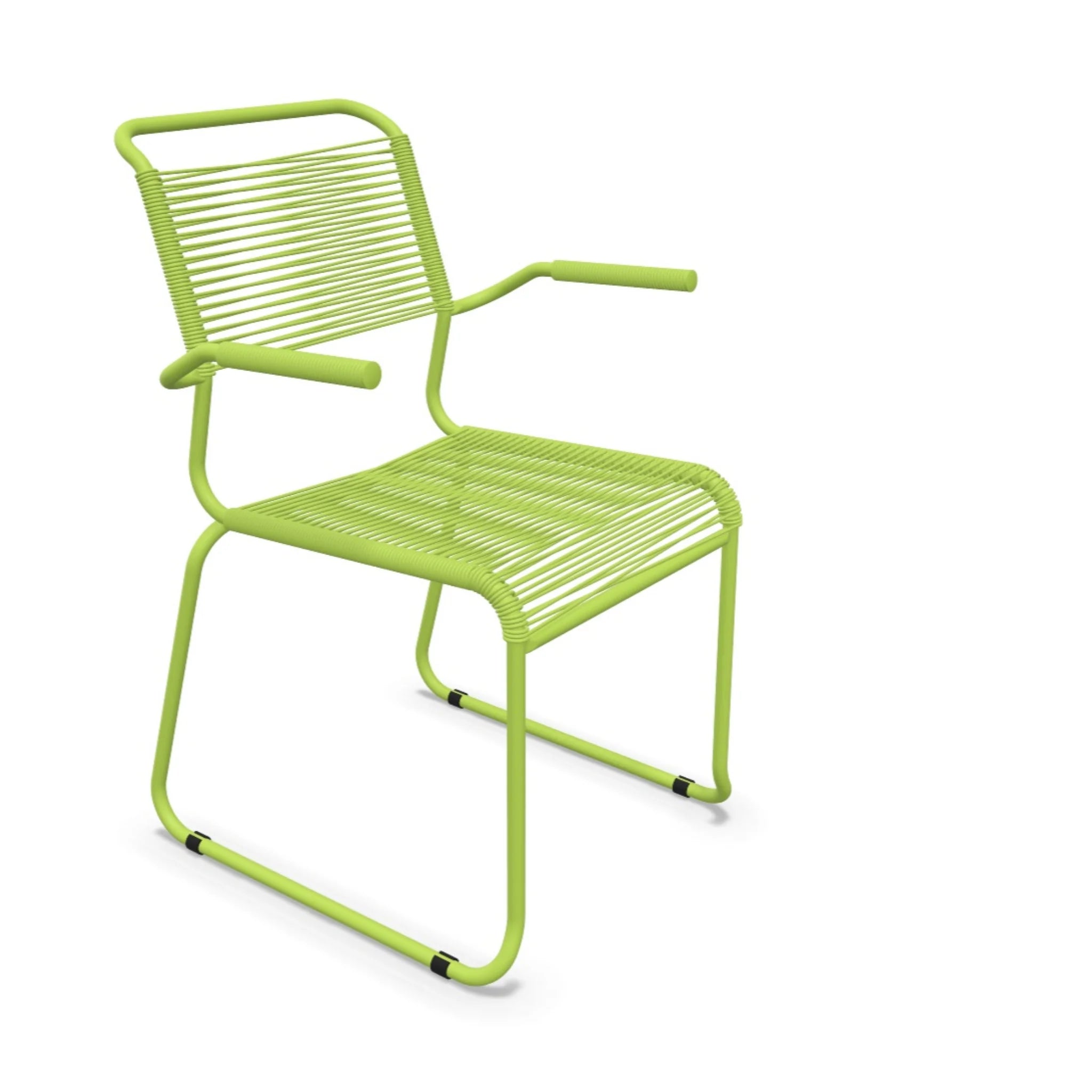 Schaffner Säntis Freischwinger mit Armlehne, grüne Spaghetti-Bespannung, moderner Gartenstuhl.