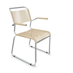 Schaffner Säntis Stuhl mit Armlehnen, Spaghetti-Geflecht in Pastellbraun, moderner Gartenstuhl mit Metallrahmen.