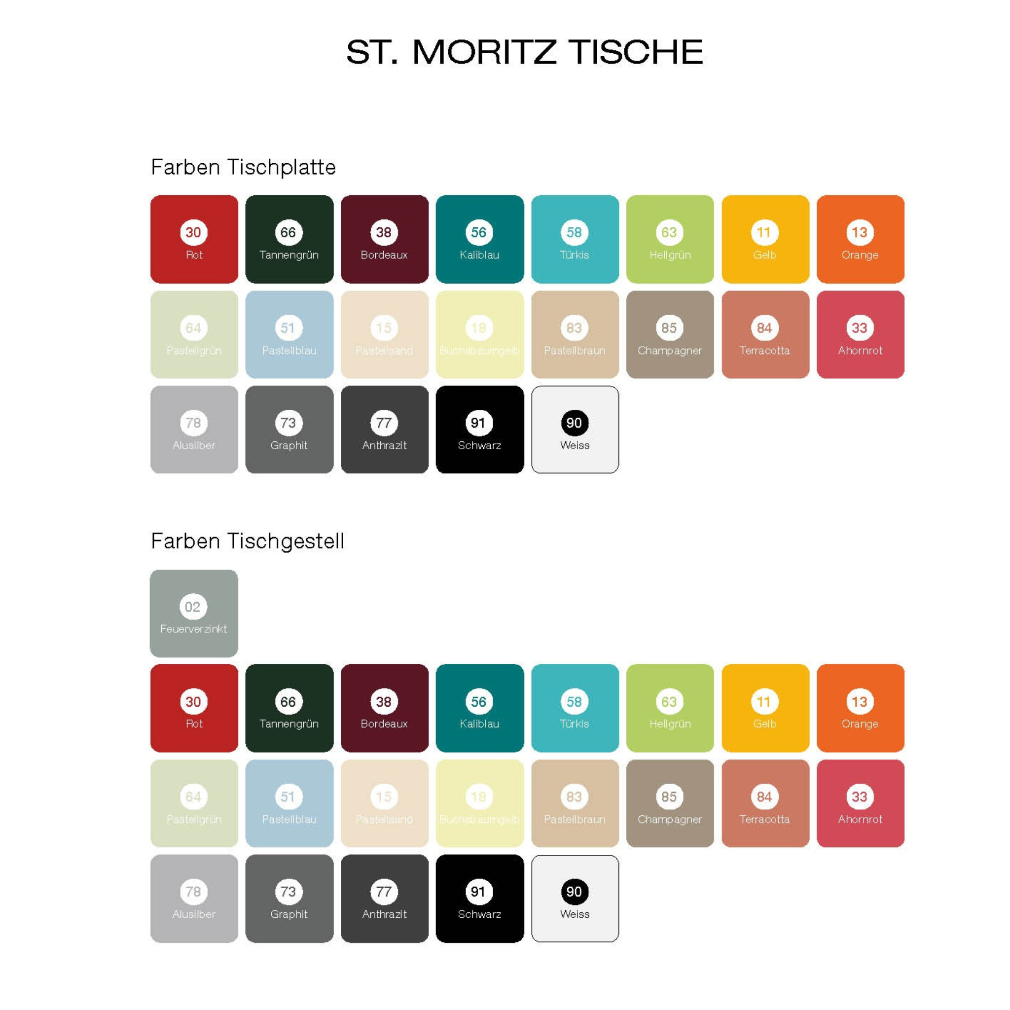 St. Moritz Tische Farben: Tischplatte und Tischgestell in verschiedenen Farbtönen wie Rot, Grün, Grau und mehr.