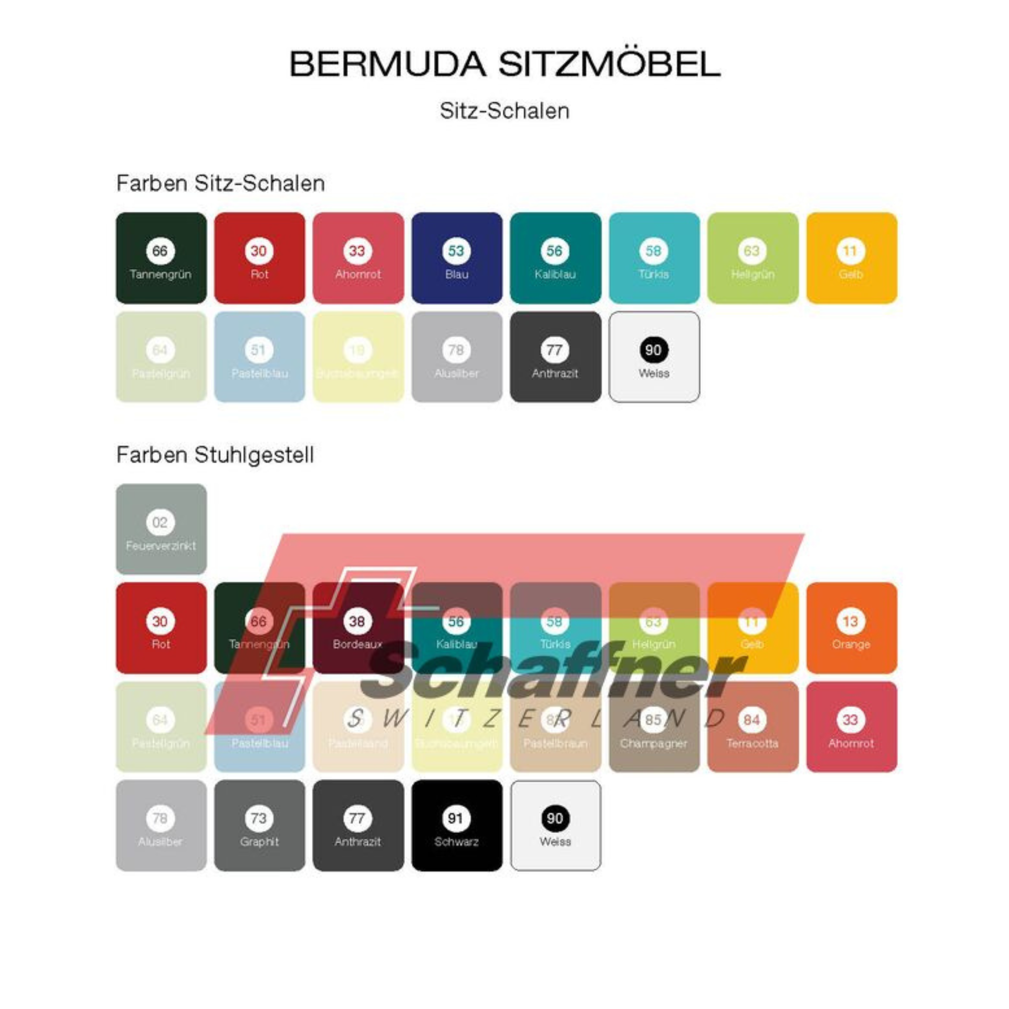 Bermuda Sitzmöbel Farbpalette - Sitz-Schalen und Stuhlgestell Farben für hochwertiges Schweizer Design.