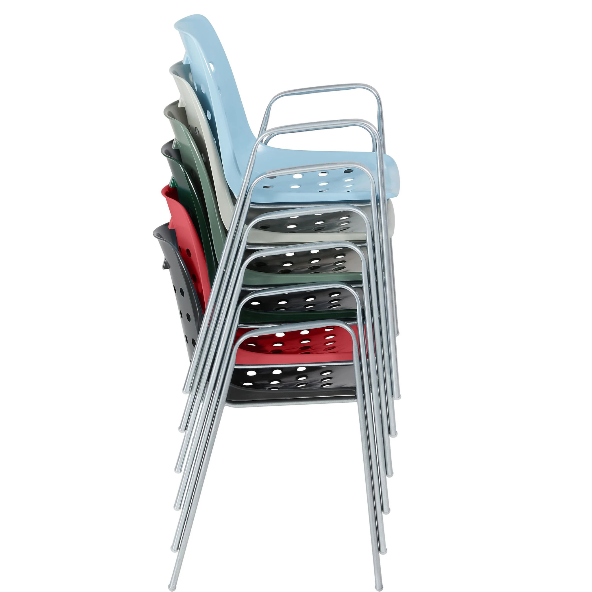 Schaffner Bermuda Stuhl in verschiedenen Farben gestapelt, modernes Design aus Kunststoff mit Metallgestell
