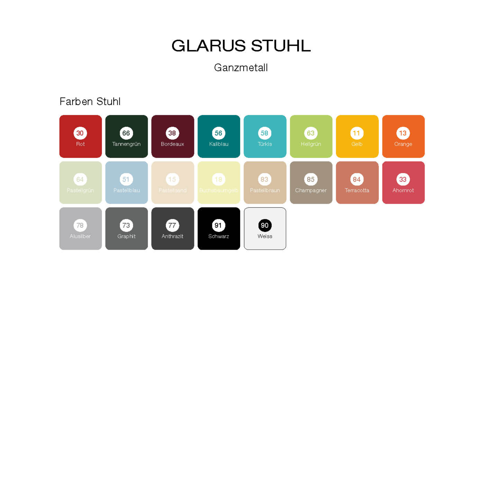 Glarus Stuhl Ganzmetall - Farbpalette mit verschiedenen Farbtönen für Metallstühle