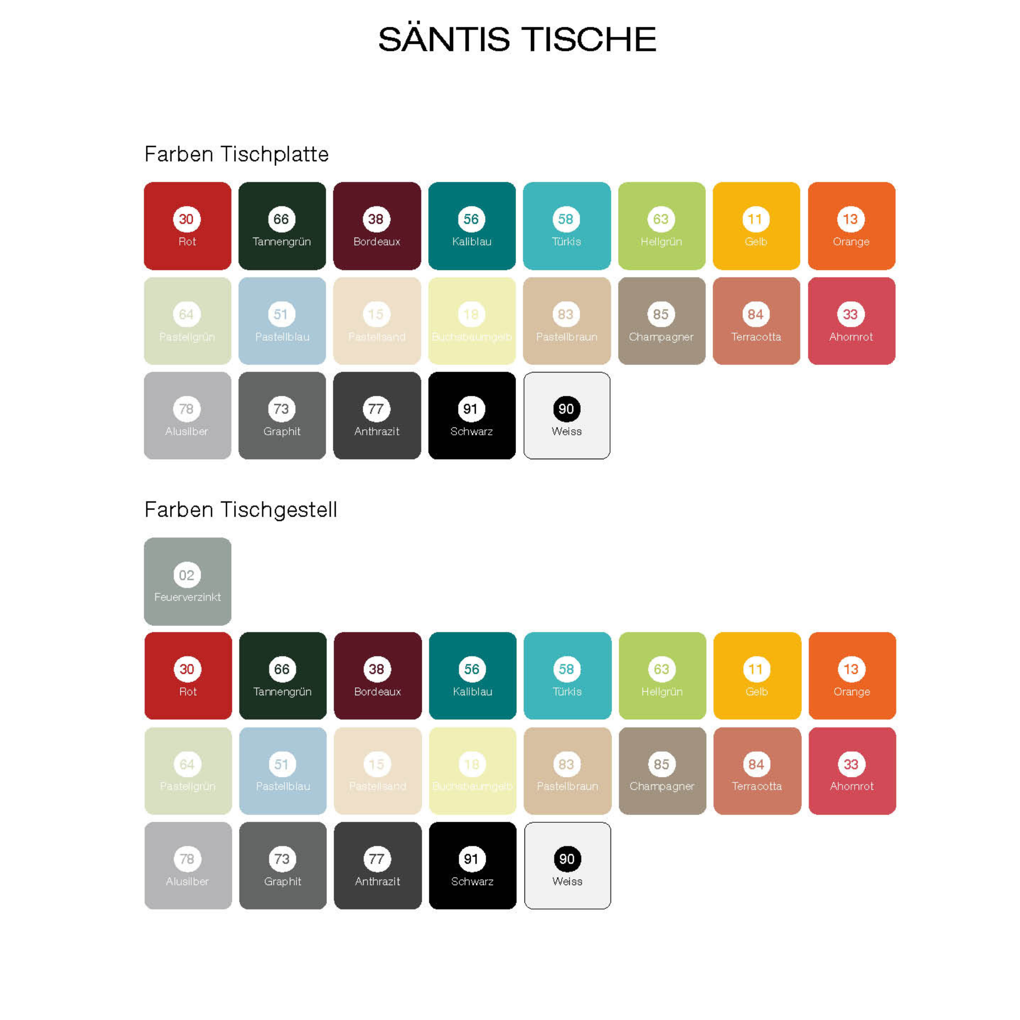 Säntis Tischplatte und Tischgestell Farben: Rot, Grün, Bordeaux, Teal, Hellblau, Grün, Gelb, Orange