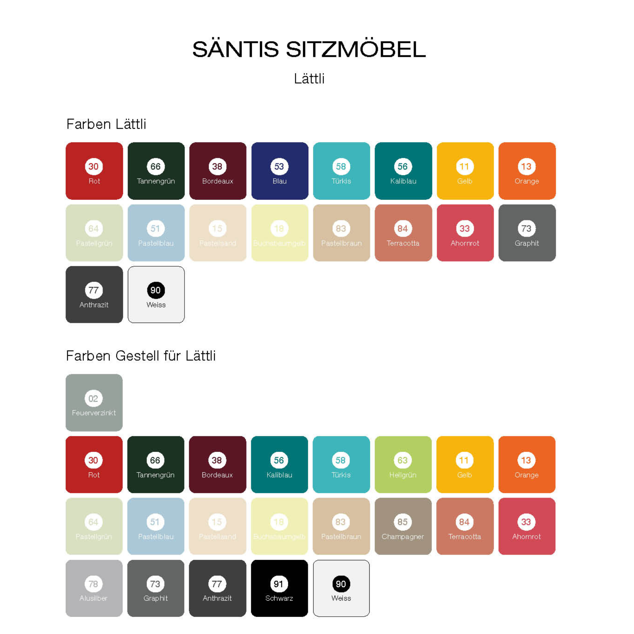 Säntis Sitzmöbel Lattenstuhl Farbpalette - Pastell, klassisch & modern in verschiedenen Farben erhältlich.
