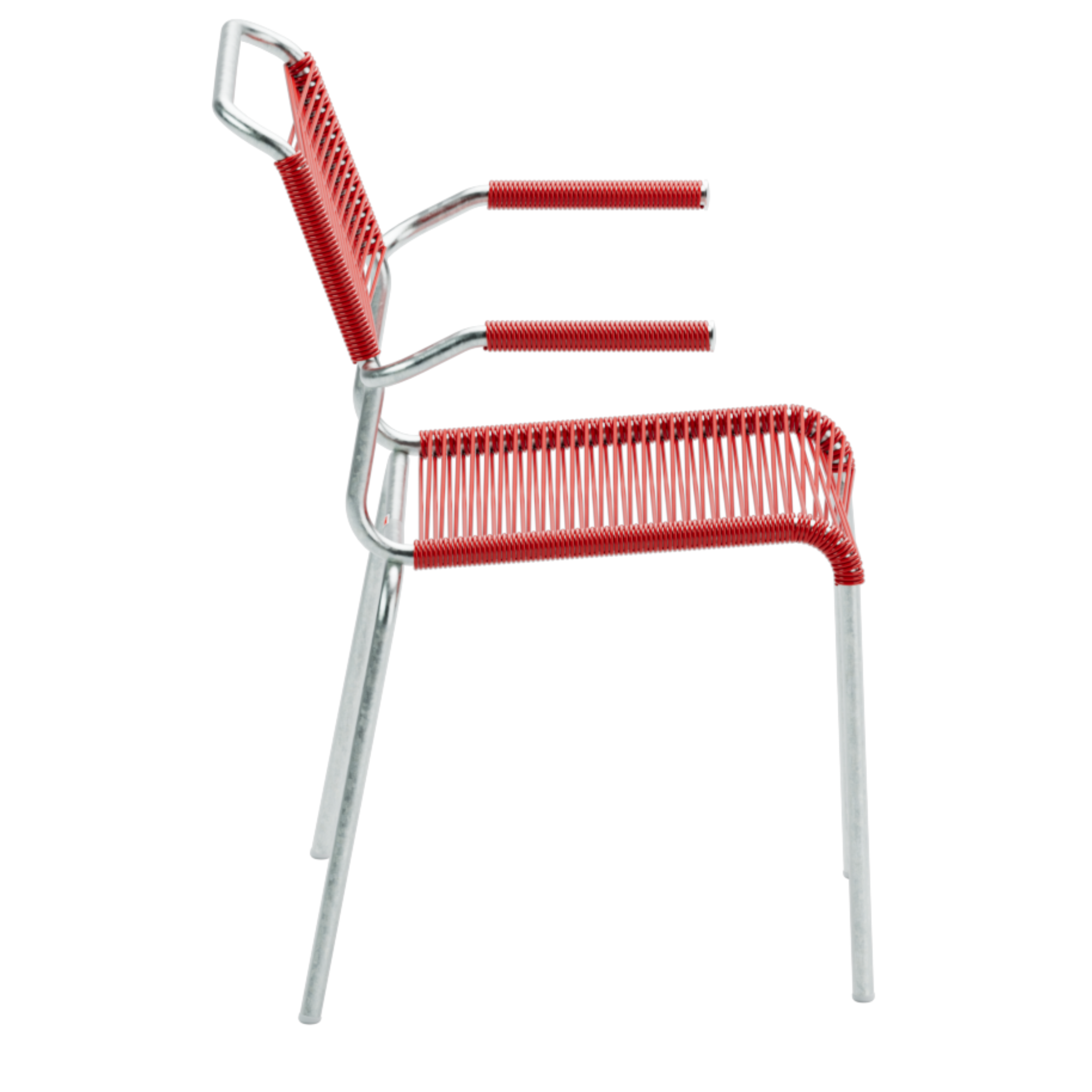 Schaffner Spaghettistuhl mit Armlehnen, rot-weißer Kunststoffsitz auf Aluminium-Gestell, modern.