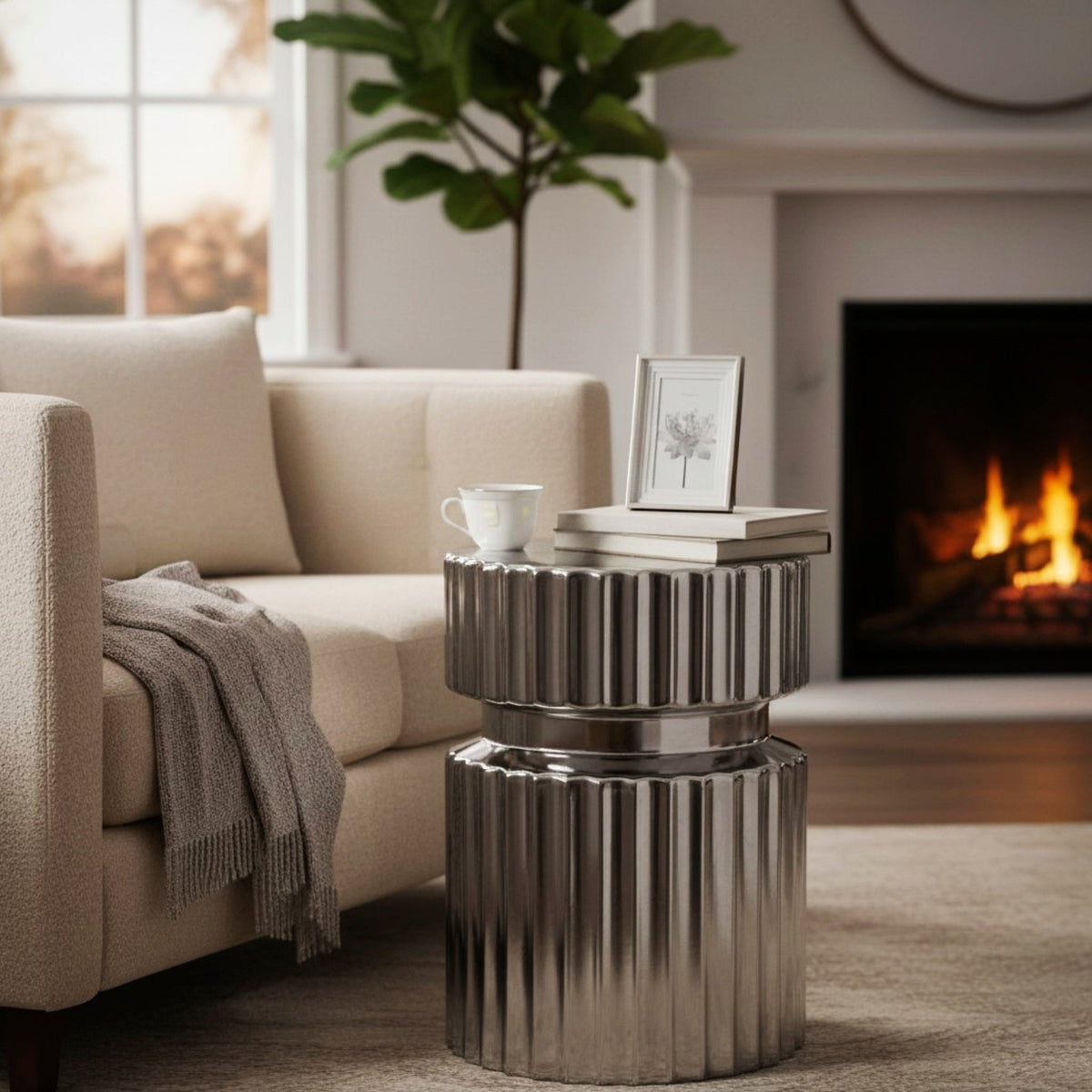 HAKU Möbel Beistelltisch aus Keramik Säulenfuss in Silber
