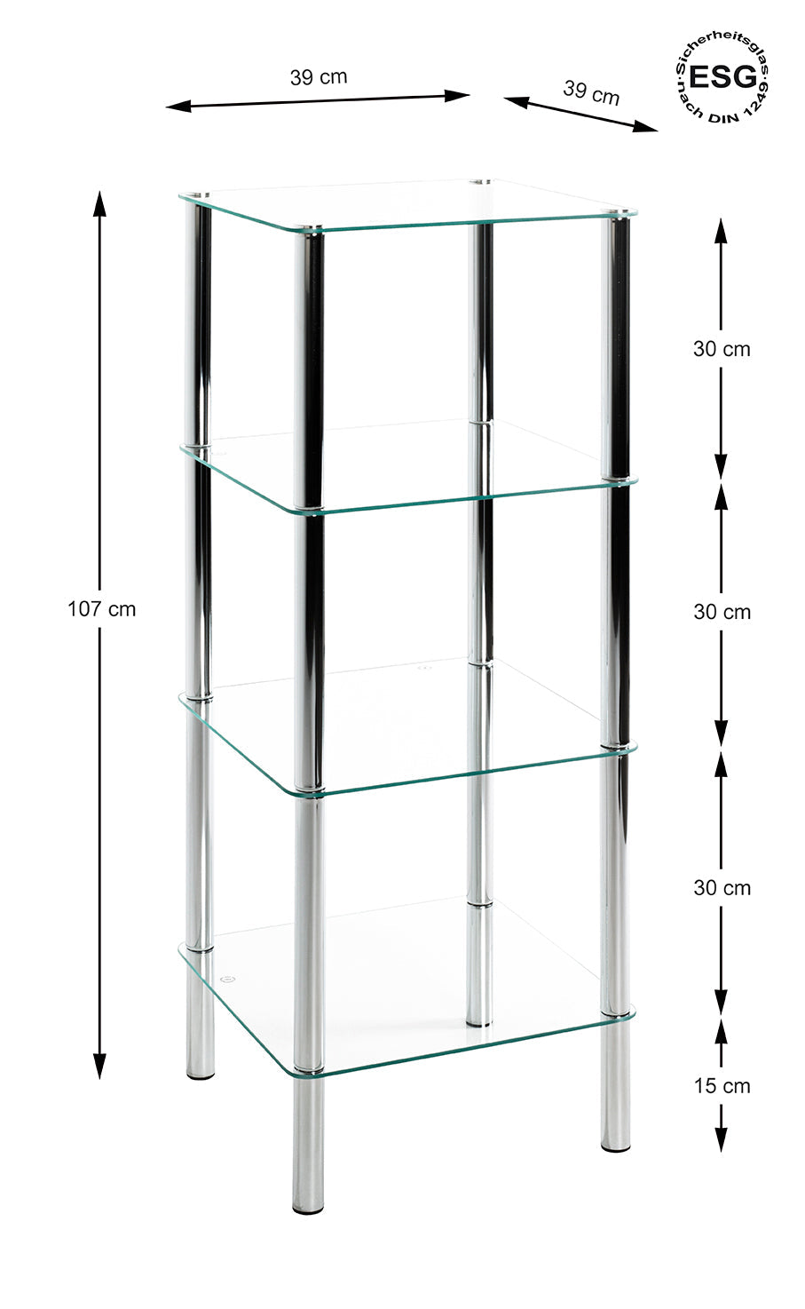 HAKU Möbel Regal aus Metall mit Glas in Silber B 39 cm H 77-107 cm, 39 x 39 cm, H 107 cm