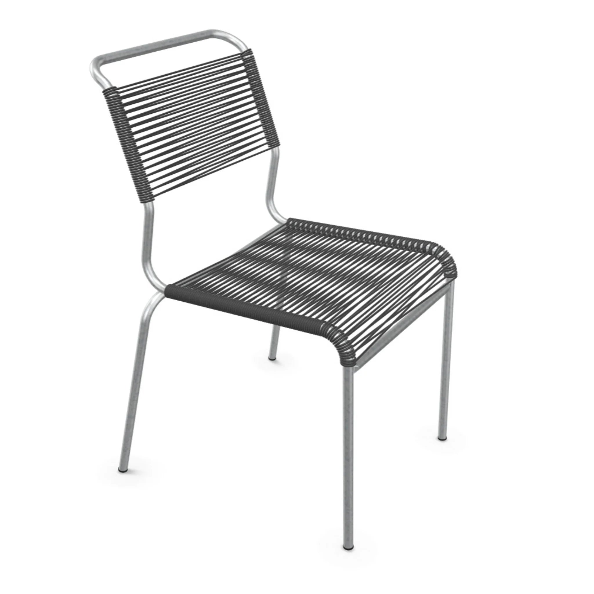 Moderner Stuhl mit Metallgestell und anthrazitfarbenen Kunststoffseilen, minimalistisches Design für Innen- und Außenbereich.