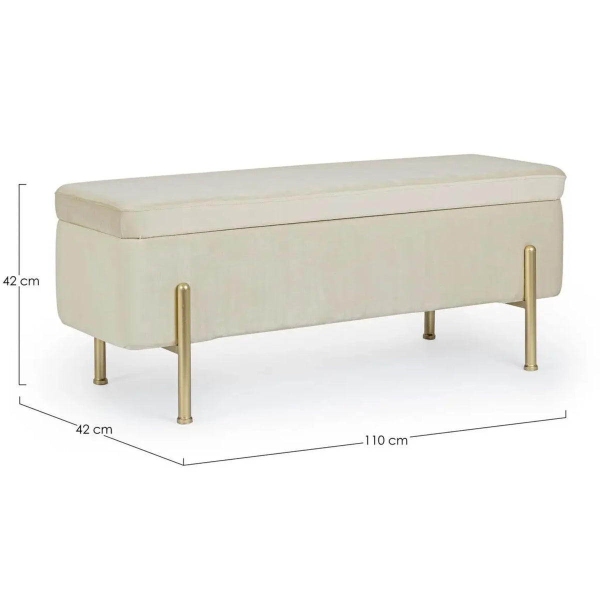 Moderne Polsterbank Irina in Creme, 110cm, mit Stauraum und Messingfüßen für elegante Einrichtung.