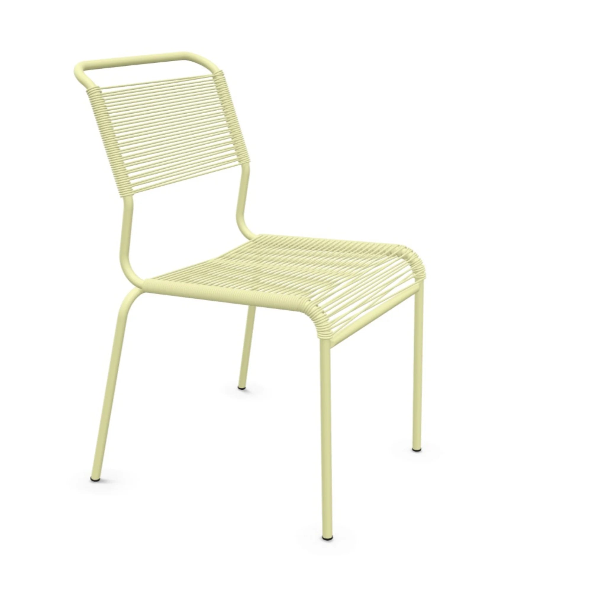 Moderner Gartenstuhl aus Metall in Creme-Gelb mit Lattensitz und Rückenlehne.