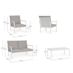 Bizzotto Lounge Konnor Weiss Masszeichnung Sessel Sofa und Couchtisch mit Abmessungen in cm