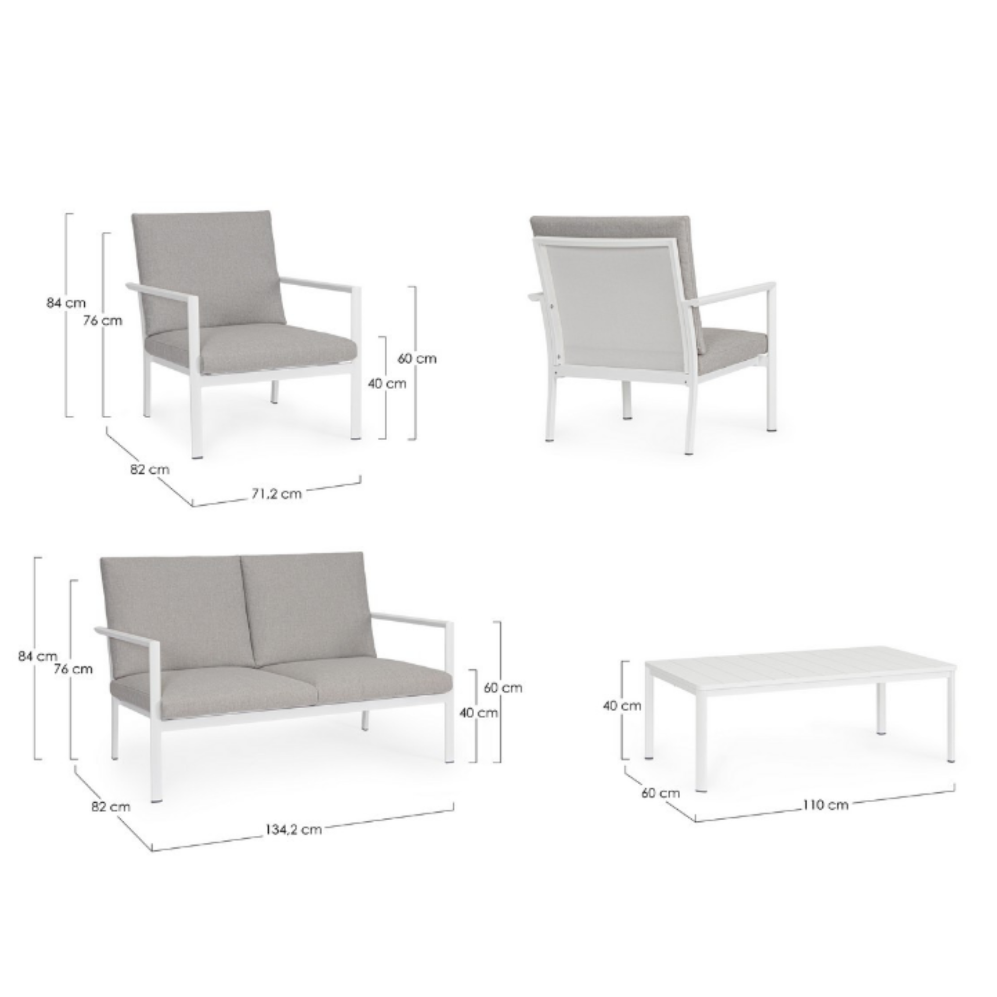 Bizzotto Lounge Konnor Weiss Masszeichnung Sessel Sofa und Couchtisch mit Abmessungen in cm