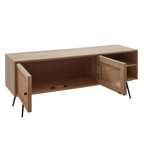 Modernes Sideboard aus Holz mit offenen Fächern und Türen, Metallbeinen, helles Design.