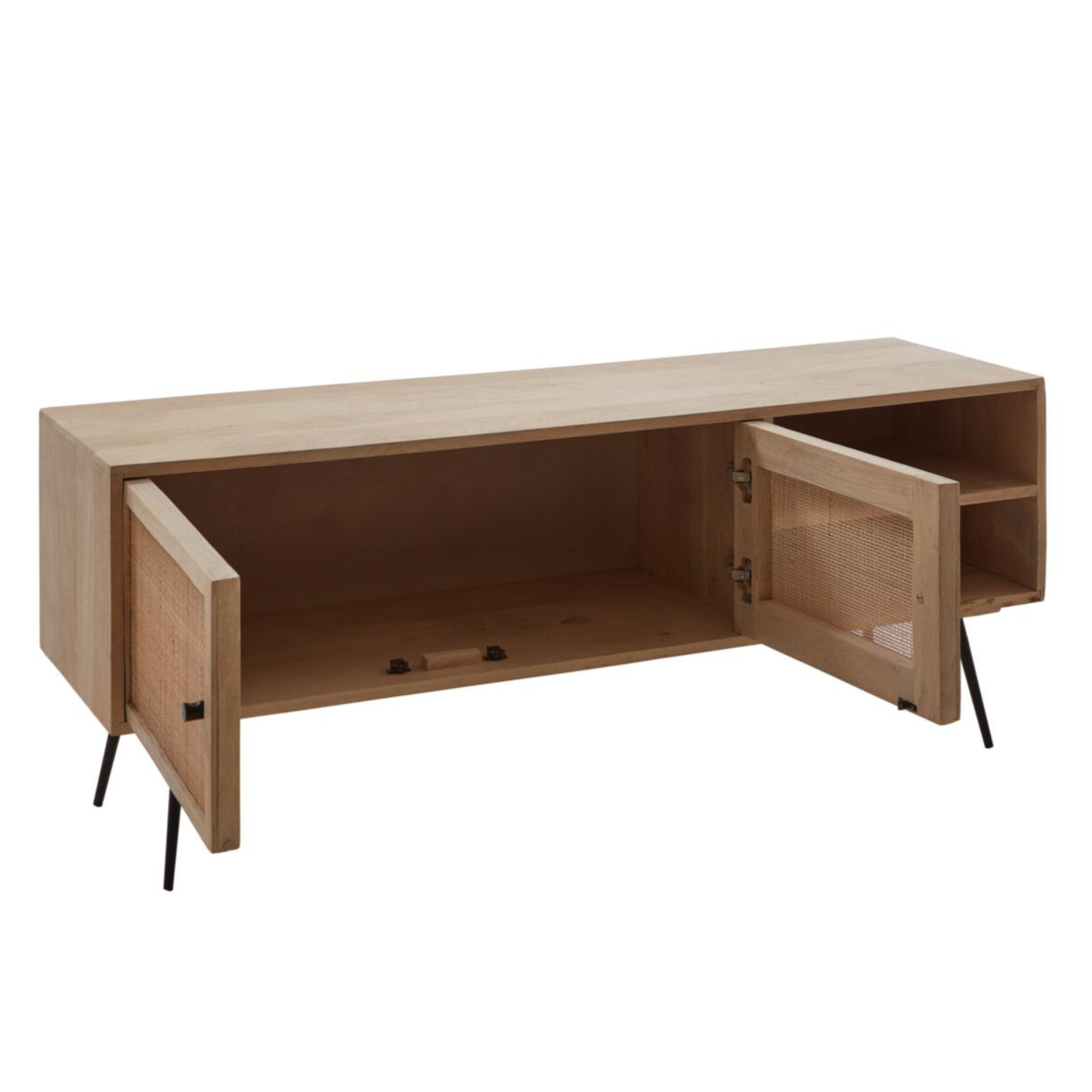 Modernes Sideboard aus Holz mit offenen Fächern und Türen, Metallbeinen, helles Design.