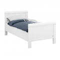 Weißes Einzelbett mit Kopfteil, blauer Bettwäsche, modernes Design, Schweizer Möbelqualität