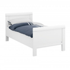 Weißes Einzelbett mit Kopfteil, blauer Bettwäsche, modernes Design, Schweizer Möbelqualität