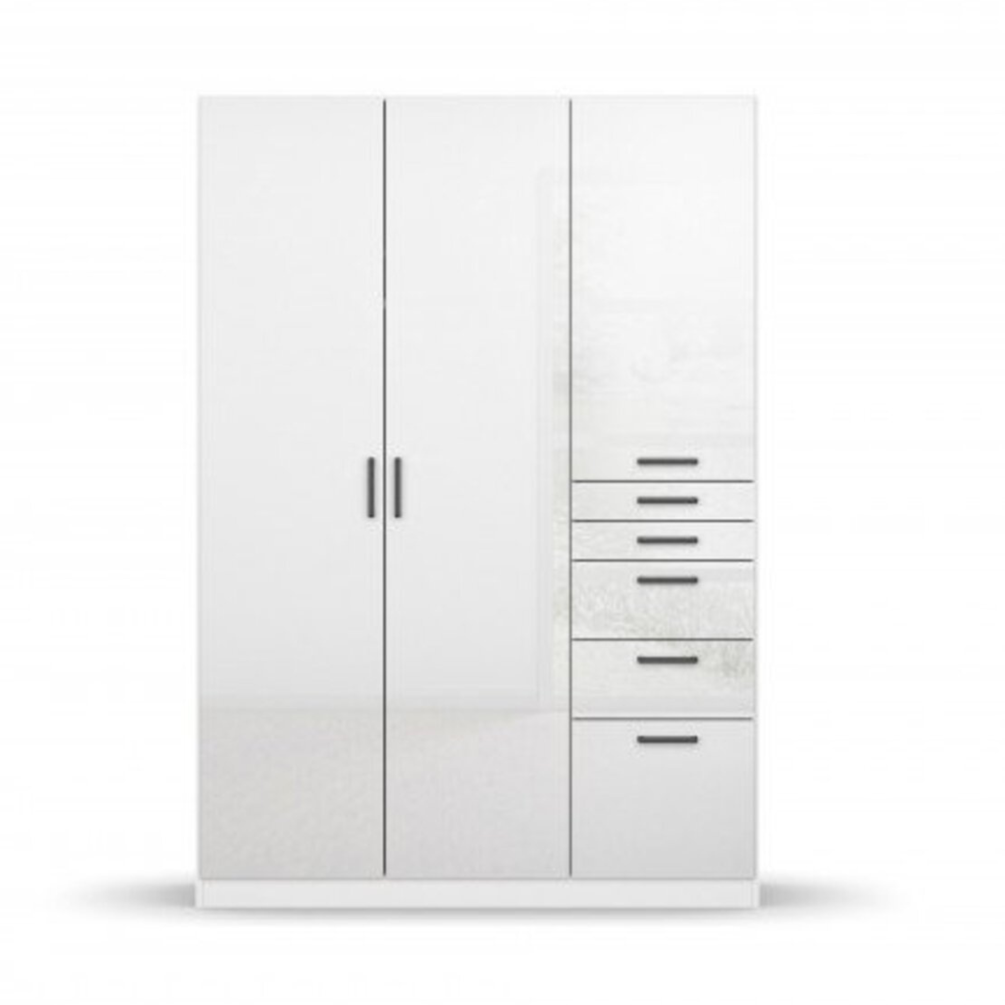 Weißer Kleiderschrank mit zwei Türen und sechs Schubladen, modernes Design für Schlafzimmer.