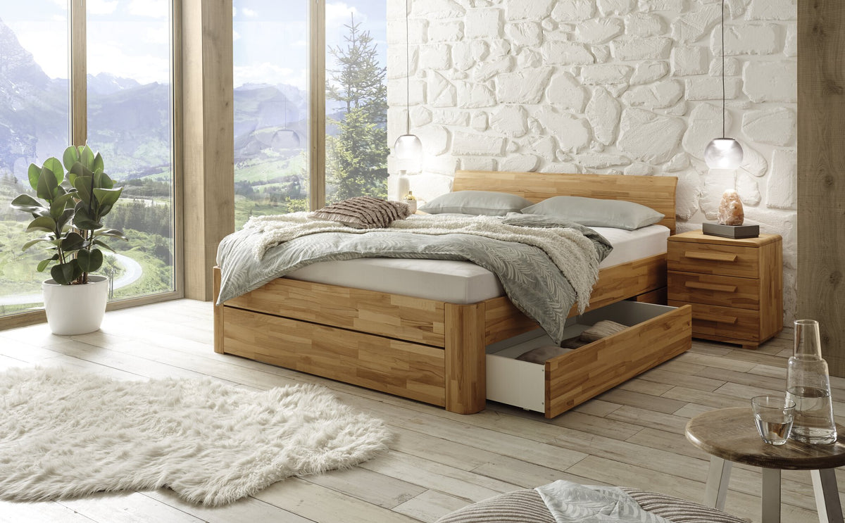 Hasena Stupendo Bett MDF mit Stauraum – 140 x 200 cm, Kernbuche natur, geölt, Folie, 12-Schwarz