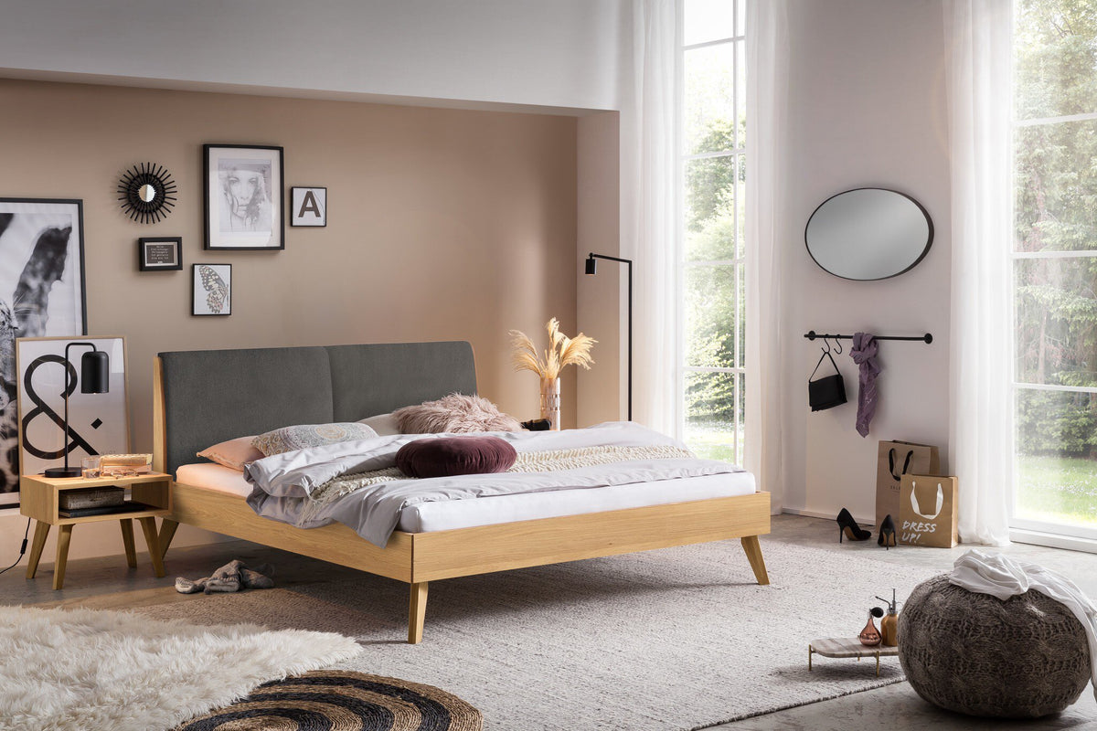 Hasena Simone Bett mit Polsterkopfteil – 140 x 200 cm, Fusshöhe 25 cm, Eiche bright, geölt, Pace light grey