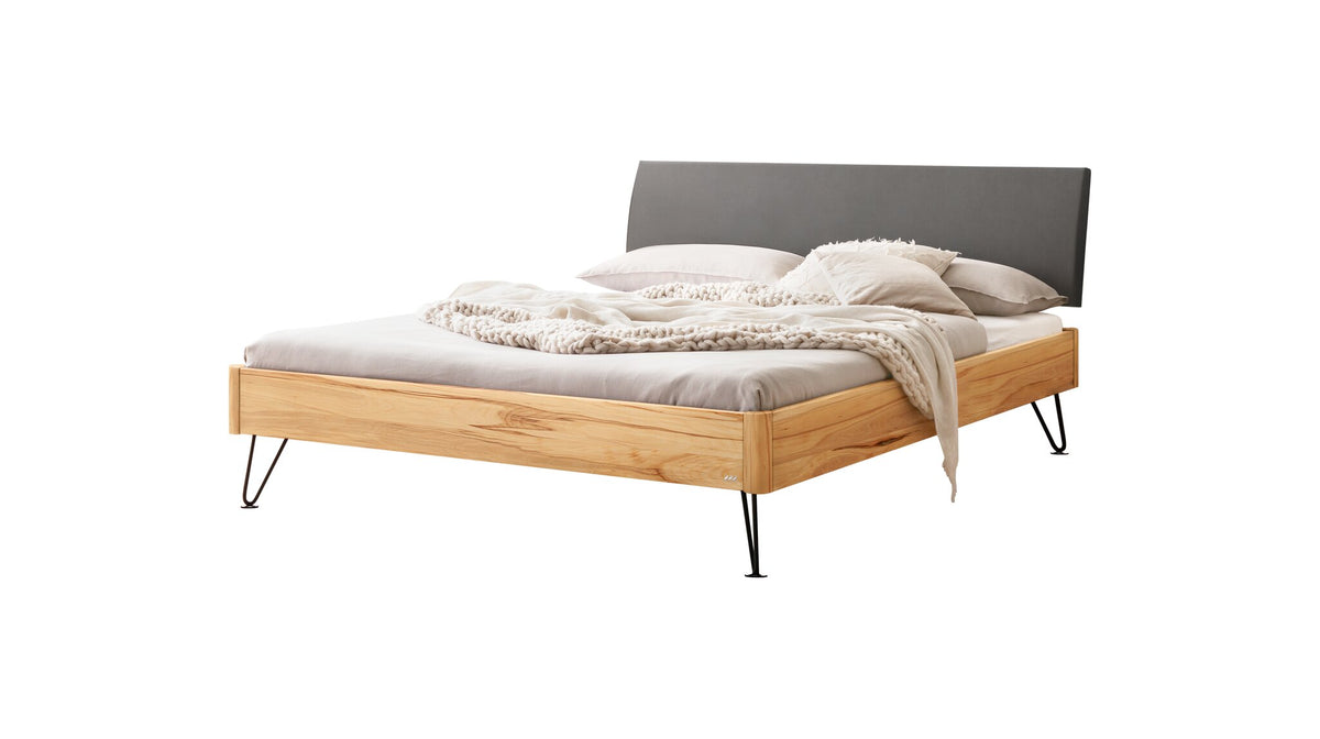 Hasena Lugano Massivholzbett mit Polsterkopfteil – 140 x 200 cm, Wildbuche natur, geölt, 835-Monet steel