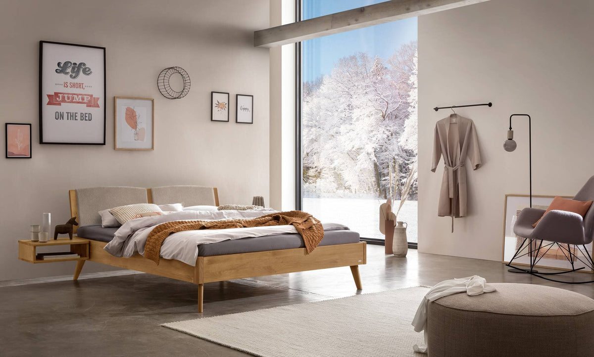 Hasena Fabro Bett mit Polsterkopfteil – 180 x 200 cm, Fusshöhe 20 cm, Eiche bright, geölt, 842-Pace sand