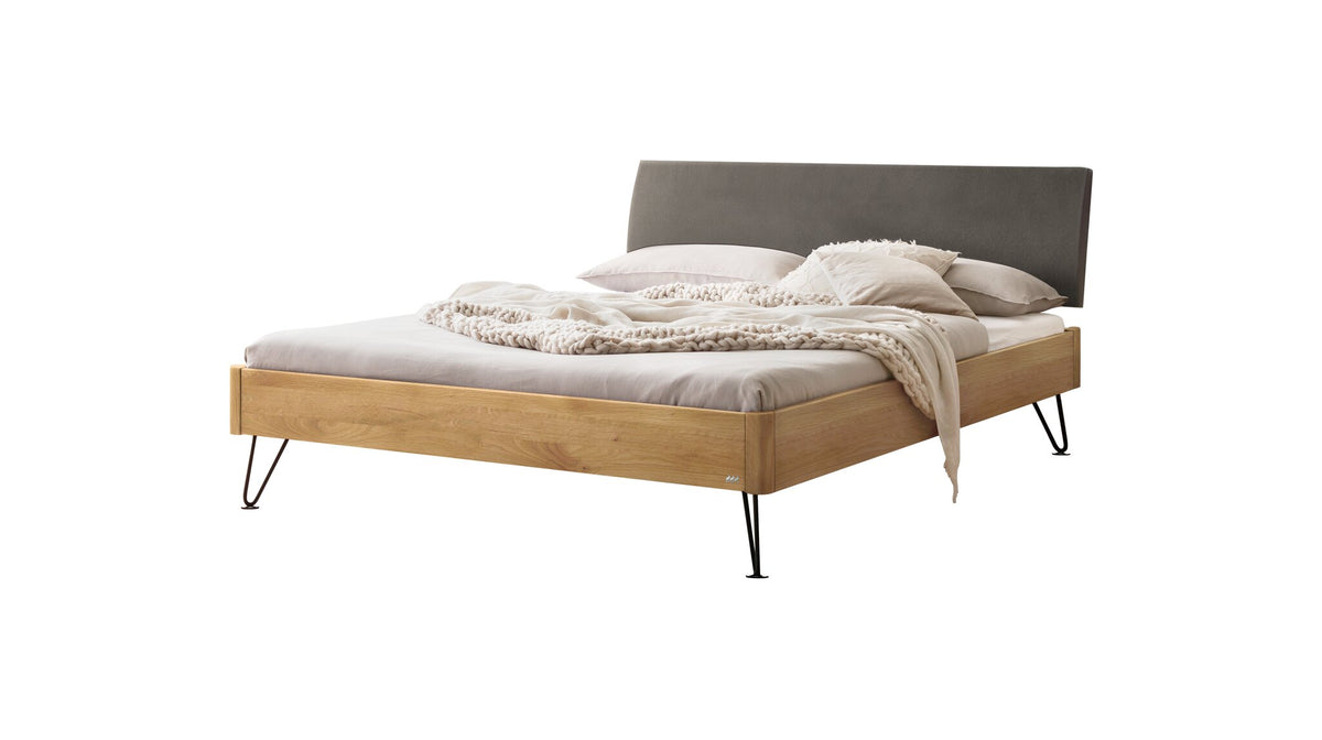 Hasena Lugano Massivholzbett mit Polsterkopfteil – 140 x 200 cm, Wildeiche natur, geölt, 841-Pace grey