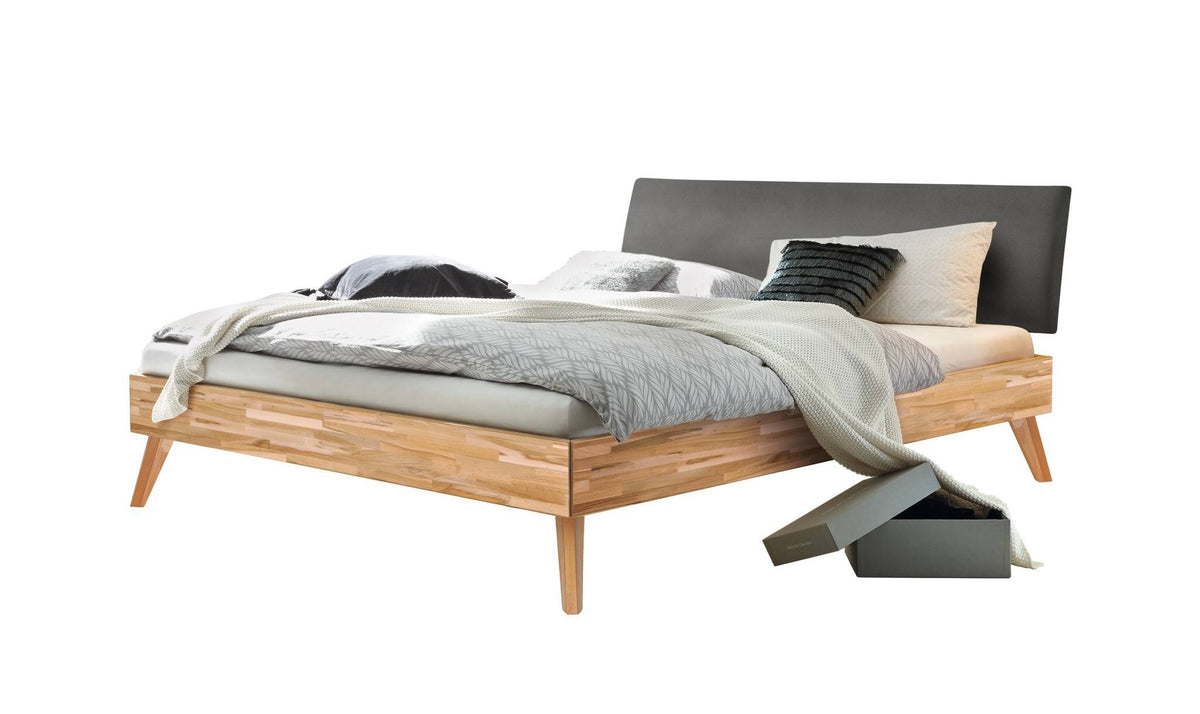 Hasena Pesaro Bett mit Polsterkopfteil – 90 x 200 cm, Fusshöhe 20 cm, Kernbuche natur, geölt, Monet steel