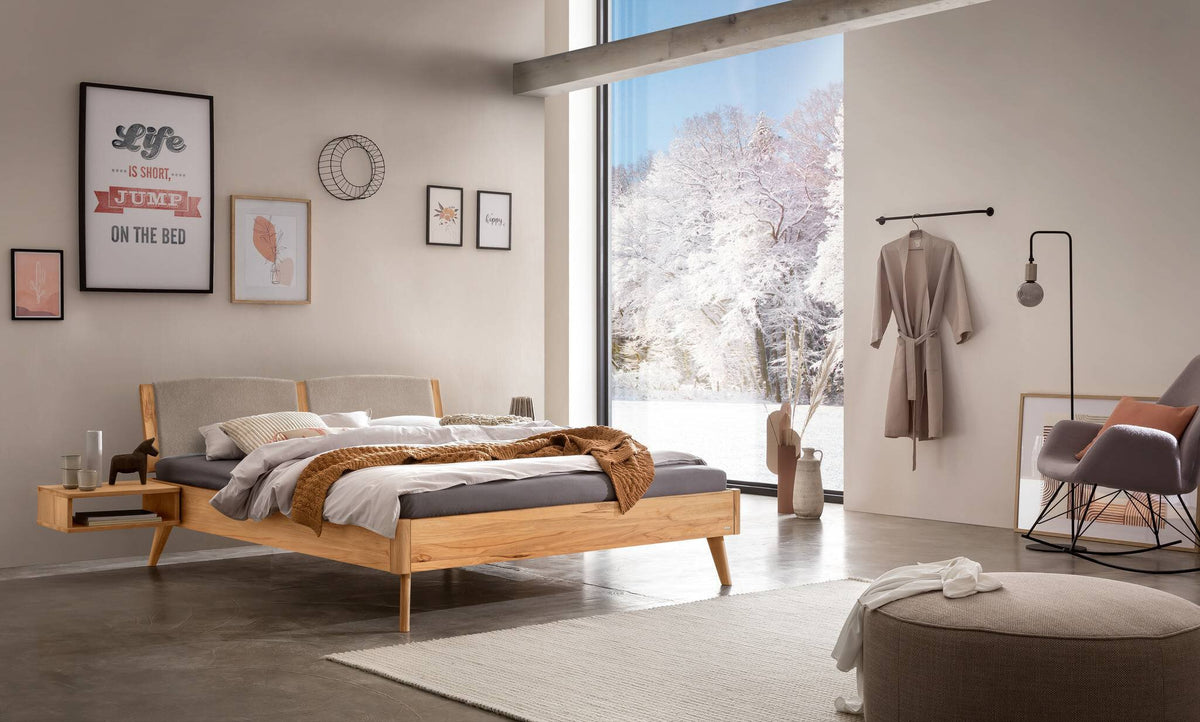 Hasena Fabro Bett mit Polsterkopfteil – 140 x 200 cm, Fusshöhe 25 cm, Wildbuche natur, geölt, 842-Pace sand