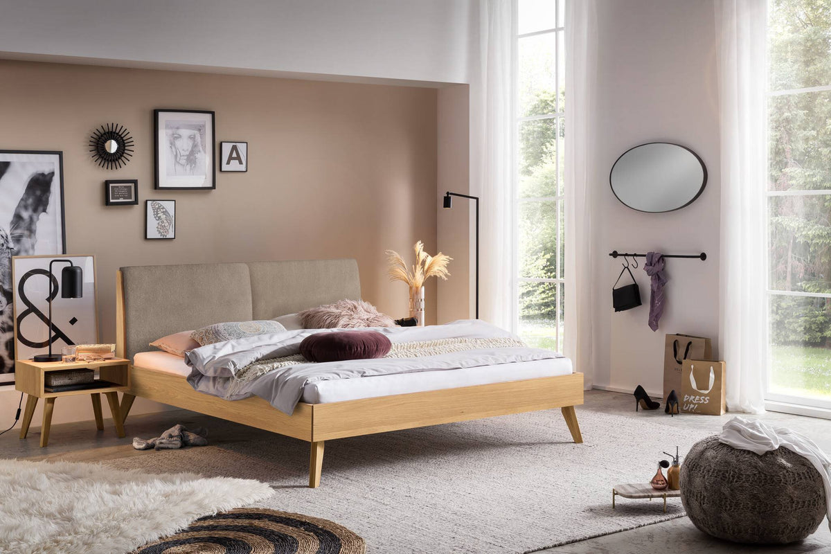 Hasena Simone Bett mit Polsterkopfteil – 140 x 200 cm, Fusshöhe 25 cm, Eiche bright, geölt, Pace grey